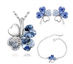 Smykkesæt - firkløver med halskæde, øreringe og armbånd, blå
